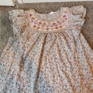 Floral Embroidered Yoke Dress - Cream with Pink Accents